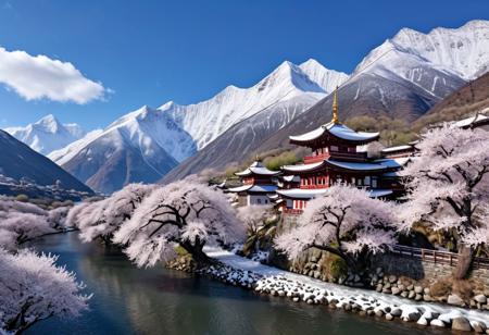 snowy highland, large snowy mountains, highly detailed pagodas, bloomin cherry trees along a river, photo, ultrarealistic, absurdres, 8k,