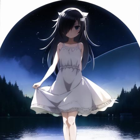 (masterpiece, detailed), kuroki-tomoko, hair over one eye, white dress, floating hairs, outdoor, lake in background, night, moon shine, middle shot, <lora:tomoko-kuroki-v2-2:1>