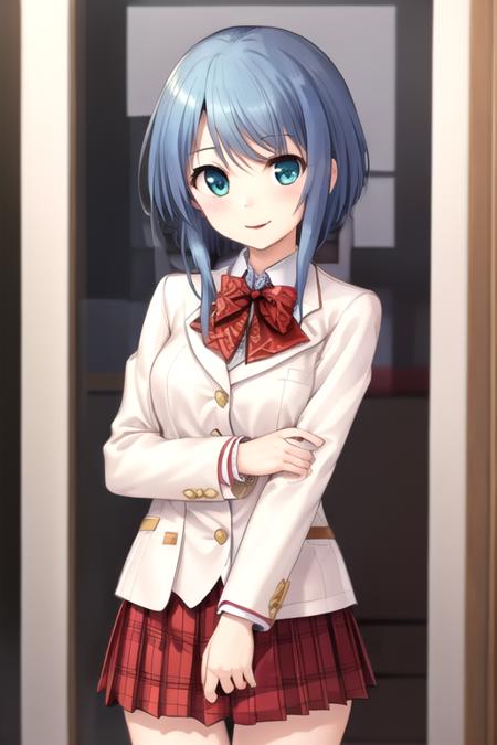 Takigawa Aoi short hair,blue hair,sidelocks,aqua eyes blazer,light pink jacket,wing collar,red bowtie,plaid bowtie,white shirt,collared shirt,long sleeves,medium breasts,miniskirt,red skirt,pleated skirt,plaid skirt,black socks,loafers