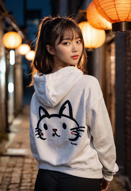 RAW photo a cute young Korean model, gini_s2_xl, from behind, straight bangs, hair up, messy hair, brown eyes, seductive, sexy, devious smile, looking back at viewer, wearing a baggy cute cat logo hoodie, crop top, yoga pants, <lora:gini_s2_xl:0.7>,
night, dark, moonlight, paper lantern, alley,
32k, absurdres, ultrahigh quality, intricate detail, sharp focus, FujiFilm XT3, ray tracing, soft shadows, natural lighting, depth, sharp focus, vivid colors, award winning, professional photograph, cinematic lighting