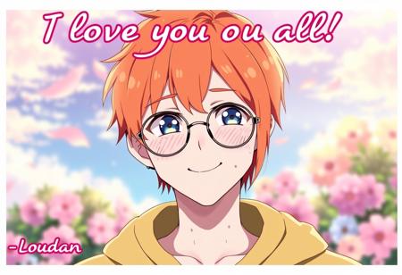 A ginger male with freckles, short hair that is parted to the left, smiling, anime, "I love you all!" In beautiful text on top of screen, "-Loudan" at bottom left of screen in beautiful font, roundish-rectangular glasses, beautiful background, blue eyes