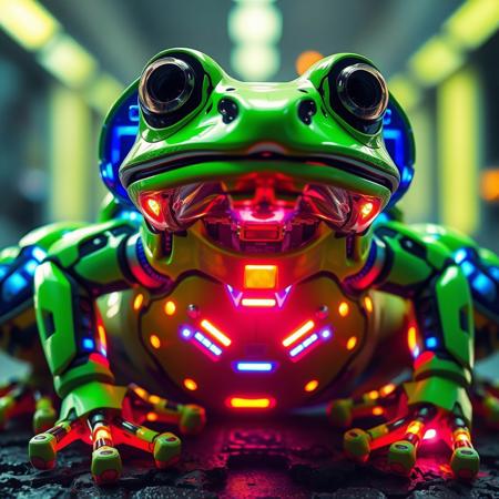 Cybertronic Frog, Robotic Huge Frog, Green and Blue Coloring, Futuristic Sheen, Cinematic View, Massive Experimental Radioactive Frog, High Quality, Sharp Contrast, Melting into Foreground Fragmented Energy, Frog of Mechanical Futuristic, Cinematic View, Grandiose