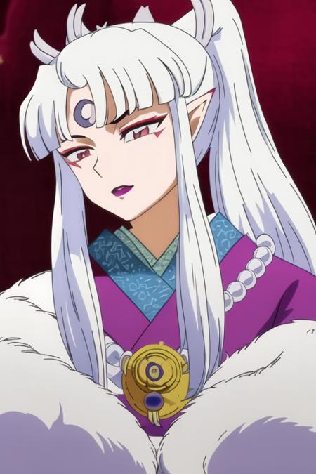 masterpiece best quality pearl necklace traditional Japanese clothes (kimono) moon on the forehead coat elf ears golden eyes purple facial markings purple lips long red nails white hair color