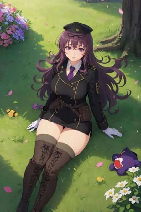 (masterpiece, best quality:1.2), <lora:murasaki:1>, murasakioutfitbb, 1girl, solo, long hair, breasts, looking at viewer, large breasts, thighhighs, gloves, long sleeves, hat, ribbon, hair between eyes, very long hair, purple eyes, jacket, hair ribbon, purple hair, flower, boots, outdoors, necktie, belt, white gloves, uniform, tree, zettai ryouiki, military, petals, black headwear, military uniform, floating hair, thigh boots, brown footwear, sunlight, stuffed animal, grass, cross-laced footwear, military hat, light rays, lace-up boots,