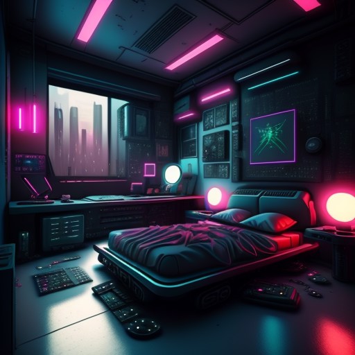 a cyberpunk style bedroom  <lora:BedroomAI_LoRA:0.5>