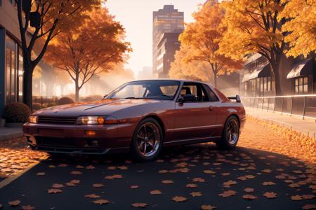 SKYLINER32, sports car parked on a street covered with leaves in autumn in a (city:1.3), fall, global illumination, volumetric lighting, best quality, highly detailed, cgi, illustration, octane render,  <lora:SKYLINER32:0.6>