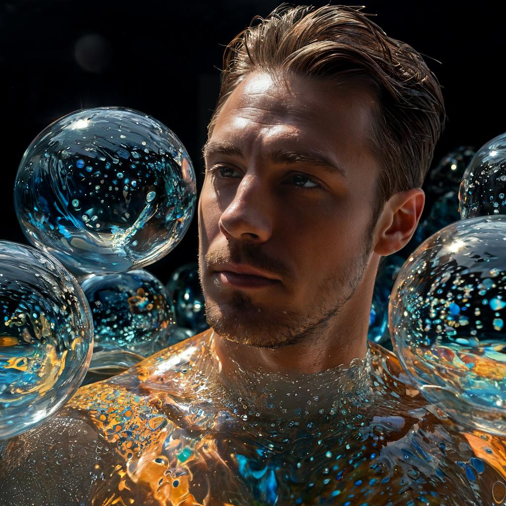 long shot scenic professional photograph of A hyperrealistic portrait of a man whose body is composed of constantly shifting liquid glass, his skin flowing and reforming into intricate, glowing patterns as it moves. His face is partially visible through the glass, but large sections are melting and reforming in real-time. His eyes are glowing orbs of liquid light, and his hair is made of flowing, molten glass that drips and reforms as it moves. Behind him, the background is a surreal, glowing landscape of flowing glass rivers and crystalline mountains, all reflecting and refracting the light in a dazzling array of colors., perfect viewpoint, highly detailed, wide-angle lens, hyper realistic, with dramatic sky, polarizing filter, natural lighting, vivid colors, everything in sharp focus, HDR, UHD, 64K