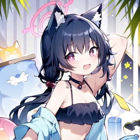 (best quality), detailed drawing,  (masterpiece), mid shot, upper body,1 girl, quan style, avatar, 
serika \(blue archive\) , chibi,  cute, cat ears, long black hair, swimsuit, bikini, blush,
smile, open mouth,  looking at viewer, <lora:abydosBlueArchive_v1:0.8:char>  , <lora:quan_style_v2:0.8>