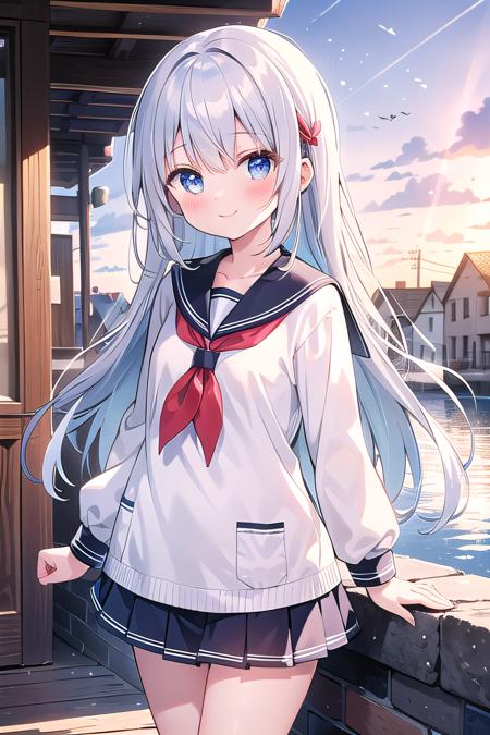 (masterpiece), best quality, town, sunlight, light particles, light rays, 1girl, blush, smile, long hair, sailor uniform