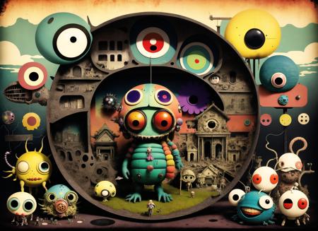 Photomontage, <lora:gonzobugs:.5> gonzobugs chibi kawaii monster, tourism, museum, eldritch mechanisms, clowncore, war-torn post apocalyptic wonderland, fauvism , Caspar David Friedrich , Takashi Murakami , Diane Dillon , album cover art, perfect, smooth, pixiv, cgsociety, ancient temple