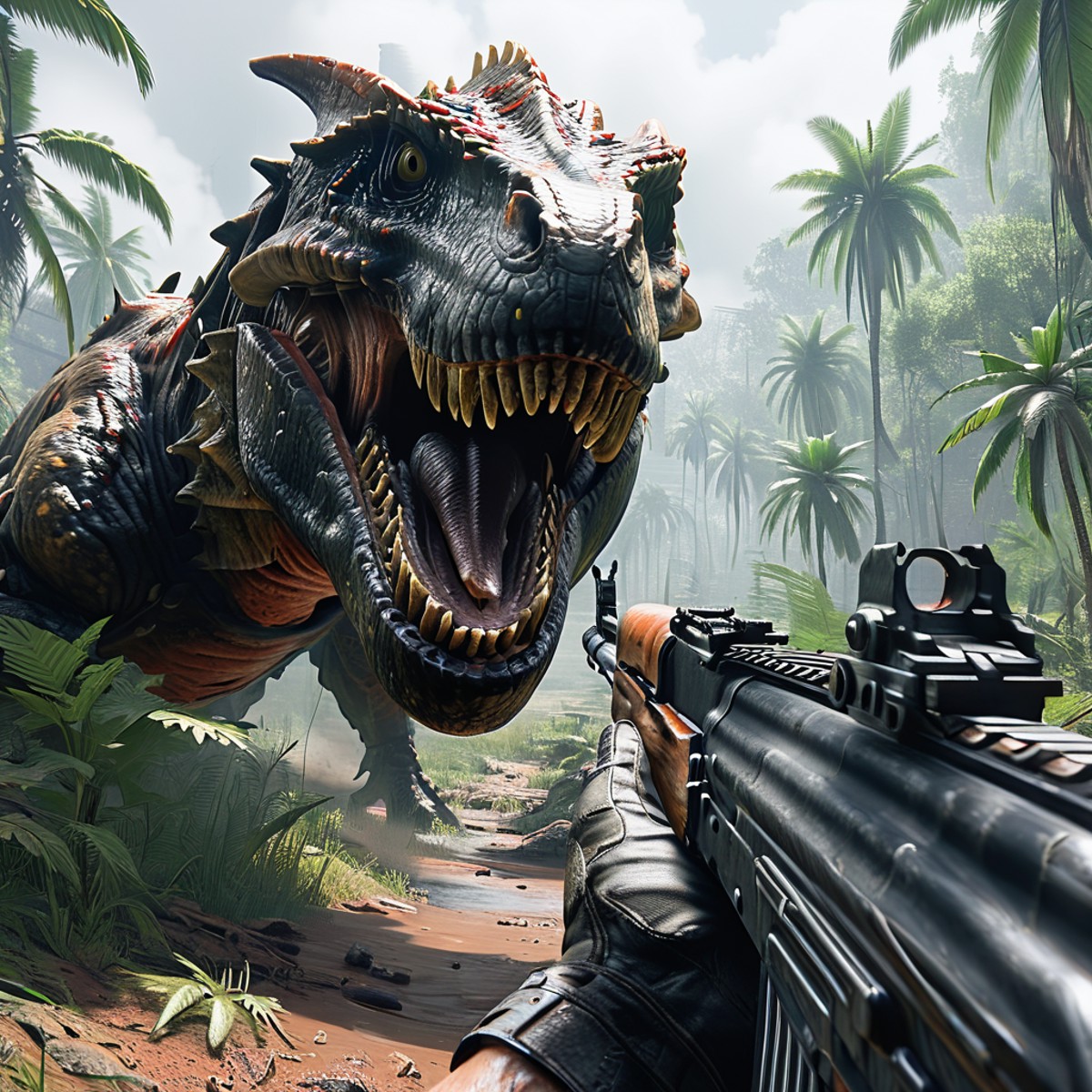 a cinematic shot of a first person shooter, aiming with an ak-47, call of dudy, shooting giant T-rex, jungle in background...