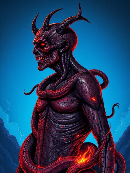 Against a bright neon azure  background a dark satanic figure looks to the left in the distance. The creatures skin is a leathery mess of flaming cracks and blistering pustules, while snakes writhe around his body