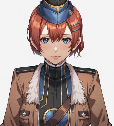 Emily, short hair, red hair, hair ornament, hairclip, blue eyes, medium breasts, garrison cap