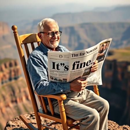 Old man wearing glasses sitting in rocking chair on edge of cliff and reading newspaper with cover title "It's fine", happy, sunny, warm hues, realistic, photorealism, hd, 8k, high definition, score_9, score_8_up, score_7_up, score_6_up,