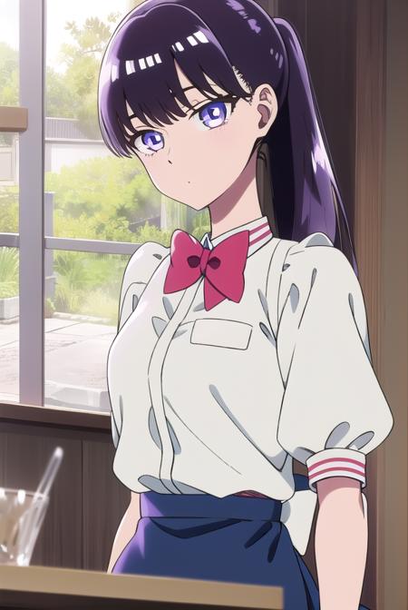 akiratachibana, <lora:akiratachibana-lora-nochekaiser:1>,
akira tachibana, long hair, bangs, black hair, (purple eyes:1.1),
BREAK skirt, shirt, bow, ponytail, short sleeves, puffy sleeves, bowtie, uniform, apron, red bow, blue shirt, waist apron, waitress, employee uniform,
BREAK looking at viewer,
BREAK indoors, classroom,
BREAK <lora:GoodHands-vanilla:1>, (masterpiece:1.2), best quality, high resolution, unity 8k wallpaper, (illustration:0.8), (beautiful detailed eyes:1.6), extremely detailed face, perfect lighting, extremely detailed CG, (perfect hands, perfect anatomy),