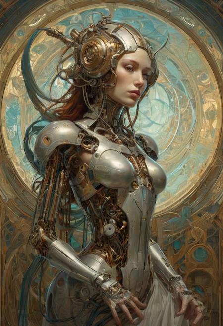 Cyborg android, fantasy, pre-raphaelite style, sinozick, Alphonse Mucha, Agostino Arrivabene, Peter Mohrbacher