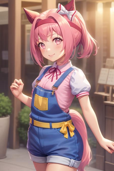 masterpiece,best quality,solo,1girl,haru urara,overalls,overall shorts,pink shirt,hair bow,smile,flat chest,<lora:haru_urara_lohav29-000040:0.9>