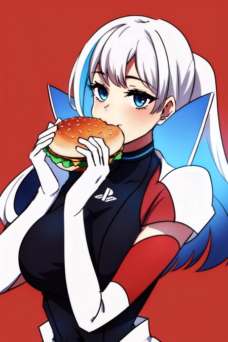 Highly detailed, High Quality, Masterpiece, beautiful, playstation-chan, <lora:Playstationchan:0.9>, burger, eating a hamburger, nom hamburger, two hands, <lora:Pos_EatingHamburger:0.5>, looking at viewer,