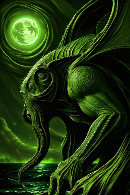 ddstyle, painting of the great Cthulhu rising from the ocean depths, hulking monstrosity, profile view, green skin, bat wings, moonlit green-tinted night sky, detailed grotesque form, intricate background, brushstrokes <lora:the_conspiracy_b2:0.75>