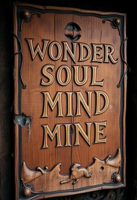 A large, rustic wooden sign with an ancient, weathered appearance, carved with intricate, ornate details, such as subtle engravings of swirling vines and mythical symbols along the edges. The wood texture is rich with deep grains, knots, and cracks, showing the effects of time and nature. Faint moss or lichen clings to the surface, adding to its old-world, mystical charm. The hand-written script is meticulously carved into the wood, flowing across four lines with the words: ‘WONDER,’ ‘SOUL,’ ‘MIND,’ and ‘MONEY.’ The wood appears slightly uneven, as though shaped by hand, with a natural, sublime beauty. Each letter seems to merge with the ancient carvings, as if it’s part of a centuries-old forgotten story.