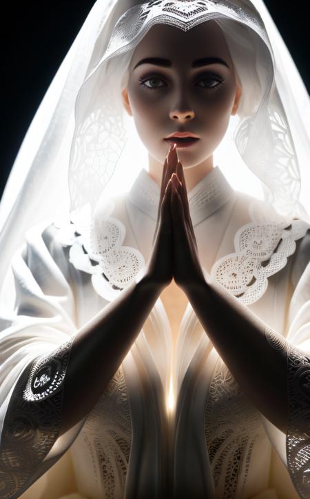 3D papercut shadow box of A breathtaking image of a ghostly woman in white robes, closeup, macro, highly detailed, high quality surreal image, movie poster style . Layered, dimensional, depth, silhouette, shadow, papercut, handmade, high contrast