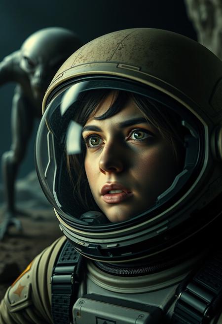 an astronaut is looking through her helmet with a horrifying face after a creature is after her. The scene depicts an alien planet with darkness and dampness, very realistic, Highest-Quality, 4k, intricate details, visually stunning, Masterpiece