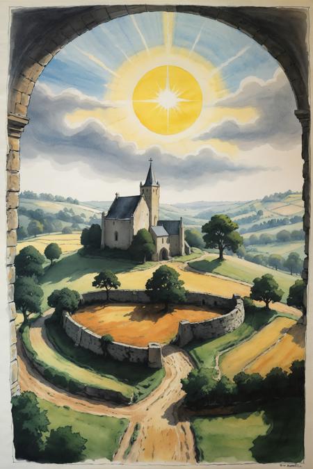 tilt and drip drawing of a landscape of a (Hammerfell:1.2) from inside of a Abbaye aux Dames, it is Striking, roots, Sun in the sky, Simple illustration, Happy, fairy tale