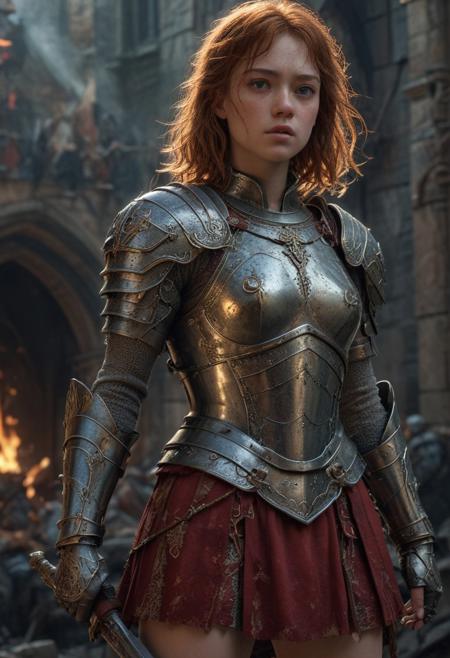 High resolution ultra-realistic of Beautiful Sadie Sink as Warrior Joan of Arc, 8k, capturing the intensity of the moment, cinematic lighting, standing on a bloody and stormy battlefield in bloody battle, wavy black hair, realistic dirty pale face, realistic brown eyes,  beautiful hourglass figure, burning in a medieval Town, intricately designed iron and silver armor, red mini skirt, Dark Ages Aesthetic, perfect athletic figure, beautiful Warrior Joan of Arc, fire, ultra realistic, cinematic style, vigorous and seductive, athletic figure, dark fantasy, dramatic lighting, wet and sweaty skin, dirty skin, athletic figure, dark fantasy, dramatic lighting, Greg Rutkowski style,, Warrior Joan of Arc on in iron armor, hyper-detailed, hyper-realistic, bright colours, Attractive 21 old years girl, Attractive, beautiful firm Breasts, sharp focus, digital painting, Photograph Taken on Nikon D750, Alphonse Mucha, 8K, athletic figure, Hyperdetailed, hyperrealism, Attractive, Attractive bust girl, asymmetric balance