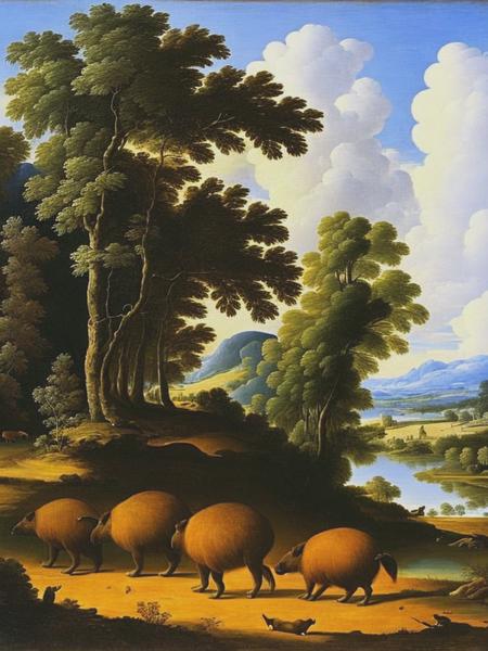 <lyco:NicolasPoussin:1.0> capybaras in a bucolic landscape, Nicolas Poussin style