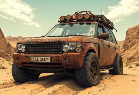 Comic book illustration of a rusty, beat up, heavily and crudely modified retrofuturistic range Rover l322 in the style of Mad Max parked in a sandy wasteland. Digital drawing, 2D.