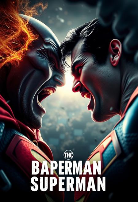 Badman and superman screaming at each other, face closeup, chaos, apocalyptic, movie poster style, cinematic lighting