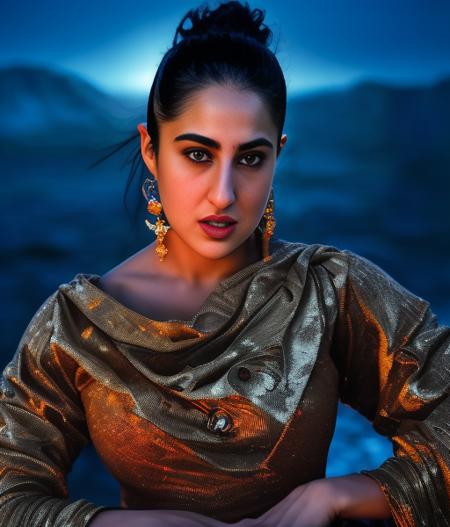 (SaraAliKhan) , [art by Cindy Sherman| (art by John Closterman:1.2) ], photograph, Psytrance Art, zoomed out of a Capricious (Woman:1.3) , Action scene, Gold French twist bun hairstyle, at Blue hour, horizon-centered, Satisfying, Accent lighting, film grain, Fujifilm XT3, Fish-eye Lens, Film Washi, "The dance of lightning and thunder, nature's symphony, reminding us of the power and majesty of the elements.",  <lora:SaraAliKhanSD1.5:1>