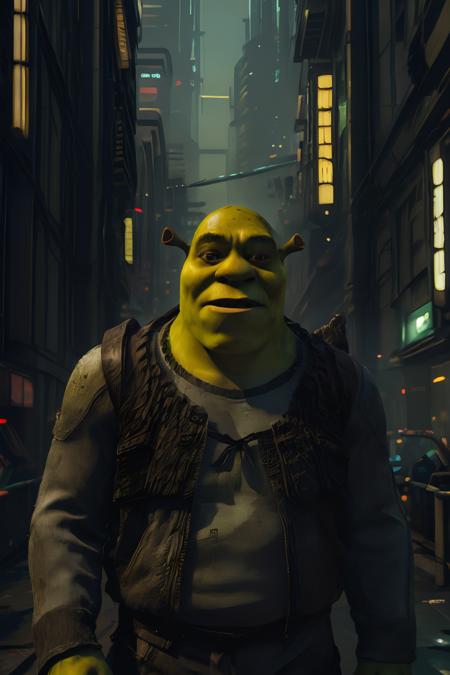 (cyberpunk style), (photo portrait of (shrex, Shrek:1.1)), 1man, full body shot, cyberpunk clothing, male focus, cyberpunk, cyberpunk background, (extremely detailed cyberpunk background), extremely detailed background, extremely detailed shrex face, cyberpunk body modification, cyberpunk 2077 body modification, (neon city background), cyberpunk suit, robot, science fiction, solo, full body, wires and cables, sharp focus, natural lighting, cyberpunk reimagined, neon lights, action pose, colorful, bright colors, science fiction, a dystopian cyberpunk city, neon, cyberpunk 2077, (cyberpunk 2077 cityscape), art by Masamune Shirow,masterpiece, best quality, official art, extremely detailed CG unity 8k wallpaper, detailed background, best quality, expressive eyes, perfect face, perfect eyes, perfect anatomy, extremely detailed eyes and face, looking at viewer, detailed background, detailed clothes, cinematic lighting, beautiful 8k, masterpiece, best quality, high quality, hdr, photography by cosmicwonder, high definition, symmetrical face, volumetric lighting, 24mm, 4k, DSLR, high quality, ultra realistic,