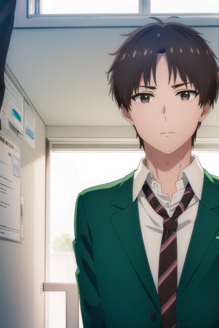 junichiroukubota, <lora:junichirou kubota s1-lora-nochekaiser:1>,
junichirou kubota, short hair, bangs, brown hair, (brown eyes:1.5), male focus,
BREAK shirt, long sleeves, school uniform, jacket, white shirt, open clothes, necktie, collared shirt, pants, open jacket, black pants, blazer, red necktie, (green jacket:1.5), brown pants,
BREAK indoors, classroom,
BREAK looking at viewer, (cowboy shot:1.5),
BREAK <lyco:GoodHands-beta2:1>, (masterpiece:1.2), best quality, high resolution, unity 8k wallpaper, (illustration:0.8), (beautiful detailed eyes:1.6), extremely detailed face, perfect lighting, extremely detailed CG, (perfect hands, perfect anatomy),