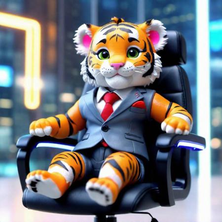 Masterpiece, best quality, portrait, cute baby tiger, wearing Wall Street clothes, (sat on a chair, smiling, tilt shift, white large office background, cyberpunk, neon lights, bioluminescent, 64k UHD, excellent quality, high resolution, (((Business style))) BadDream Unreal Engine