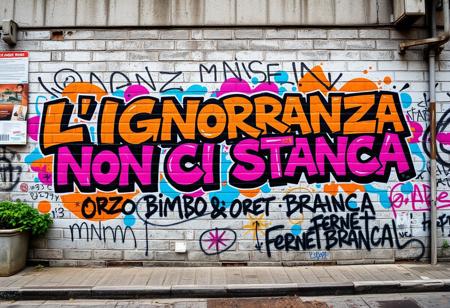 Graffiti mural on a large urban wall, with bold, vibrant spray-painted text reading ‘L’IGNORANZA NON CI STANCA - ORZO BIMBO & FERNET BRANCA’ in a mix of playful and gritty fonts. The wall is weathered, covered with artistic flourishes, paint splatters, and abstract shapes, giving it a raw, street-art vibe. Surround the text with vivid, dynamic colors—splashes of orange, blue, and pink. The letters are outlined in thick black strokes, with some 3D effects, shadows, and highlights to make them pop from the brick surface. The background features rough brick and concrete textures, along with faded posters, stickers, and smaller tags from other graffiti artists, adding authenticity to the scene. A few subtle details like plants or urban decay elements, such as cracks in the wall, can be visible to enhance the atmosphere of a lively urban street corner. The overall look feels spontaneous, rebellious, and energetic, capturing the spirit of street art.