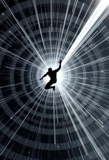 A chrome and silver beam hitting an athletic superhero  100 metres away. The beam is about 1 metre thick and surrounded by multiple concentric grey and white circles of varying diameter. The target is silhouetted and is in an action hero acrobatic pose