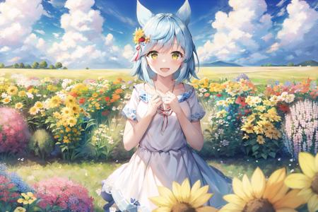 ((beautiful, masterpiece)), best quality, extremely detailed face, perfect lighting, 4k, 1girl, solo, fubukiAL, smile, blush, open mouth, fubuki_\(azur_lane\),  <lora:FubuLoraV1:0.9>, (field of flowers, vibrant, colorful, beautiful scenery), flowers, blue sky, clouds, wide shot, cowboy shot