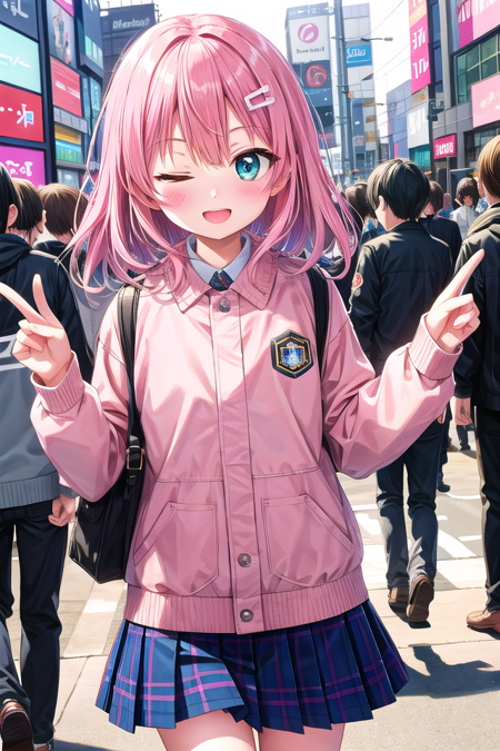 insanely detailed, absurdres, ultra-highres, ultra-detailed, best quality,
1 girl, solo, nice hands, perfect hands,
BREAK,
(one eye closed, wink:1.2),
(wearing winter school uniform),
happy smile, laugh, open mouth,
dynamic pose, cowboy shot, looking at viewer,
BREAK,
slender, kawaii, perfect symmetrical face, ultra cute girl, ultra cute face, ultra detailed eyes, ultra detailed hair, ultra cute, ultra beautiful,
by Canon EOS, SIGMA Art Lens 35mm F1.4, ISO 200 Shutter Speed 2000,
in harajuku, shibuya, tokyo, street, crowd, cityscape,
medium breasts, (cleavage:-1.5),
BREAK,
(pink medium hair, dark green eyes), hair between eyes
<lora:rightwink_v120:1>