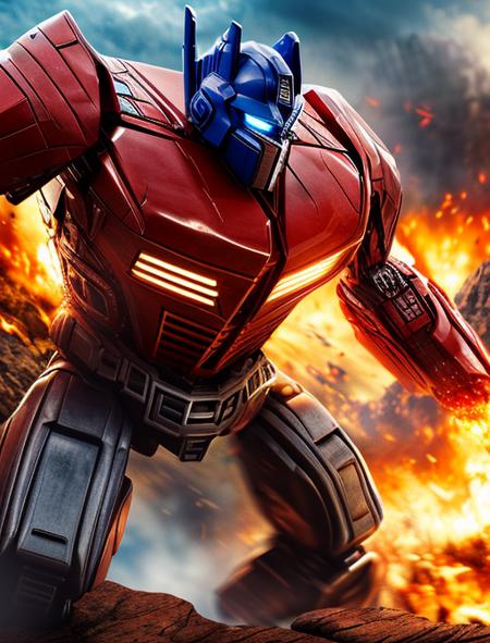 best quality, masterpiece, highres, detailed, realistic, movie, CGI film, <lora:Detail - add_detail:0.2>, OptimusPrime, blue eyes, robot, red body, blue head, glowing eyes, cliffs, explosion, <lora:Character - OptimusPrime:0.9>, special effects,