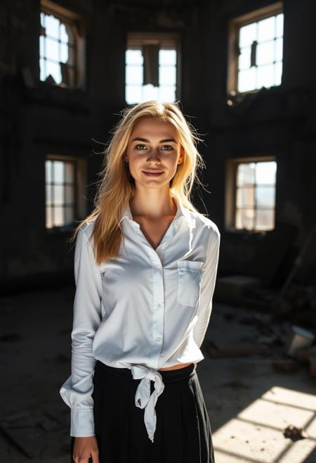 Shot on iPhone photo of a young woman with blonde hair, standing in an abandoned dark building, wearing a white shirt and black skirt. She has a neutral, slight smile. Soft natural light from broken windows illuminates her face and outfit, realistic shadows around. In the background, ruined walls and construction debris. Authentic, lively, smartphone photo, unedited, as if taken on a phone.