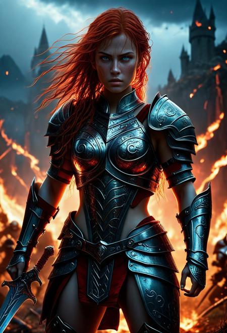 Ultra detailed digital art masterpiece Warrior girl dressed in a iron Armor and red mini skirt, Standing on a battlefield at the head of an army of knights, where a bloody slaughter is taking place, standing in battle pose, a dark epic fantasy, perfect lighting, beautiful Sadie Sink as Warrior girl, attractive woman, elegant, beautiful woman of athletic body, shot of the whole Warrior girl, unreal engine 5 nanite quality, dark fantasy, dark environment, very stormy day, LOTR style, dark washed out eyeliner, no make up, natural bloody pale face, realistic blue eyes, ultra detailed atmospheric details, beautiful glowing effects, sparkle effects, realistic body proportions, beautiful face proportions, complex masterpiece, wavy red hair, creative glowing detailed tattoos, complex physics, enhanced colors, complimentary colors, ultra detailed raytracing reflections, Ultra detailed complex background, environment feels alive, direct eye contact, dramatic lighting, wet and sweaty skin, beautiful firm Breasts, Daylight, Concept art by Greg Rutkowski, adding to the intense and dynamic atmosphere of the scene.