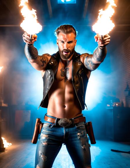 paintedcomic, dutch angle, from below, foreshortening, tattooed man (with a handsome face and short beard) in a leather vest, ripped jeans and cowboy boots standing above viewer in a dynamic pose shooting his twin flaming revolvers at the viewer in a low camera angle action scene, foreground objects dust and volumetric lighting, bright cinematic lighting, professional color grading