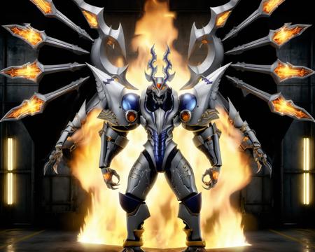 a dorugoramon wreathed in flame standing in a factoryfull body,wings, horns,forehead jewel, raw photo,cinematic shot,realistic, <lora:DORUgoramon:0.85>
