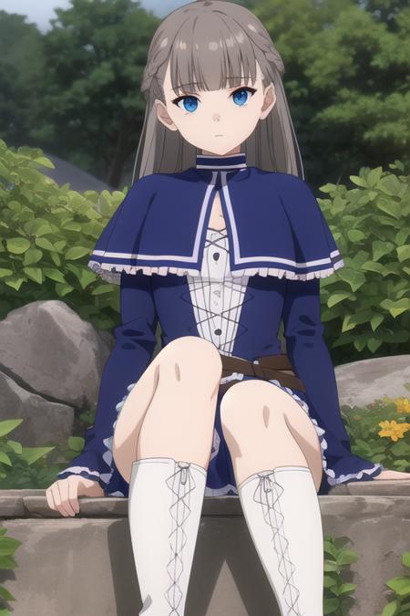 very long hair,grey hair,french braid,blunt bangs,blue eyes frills,blue capelet,blue dress,cross-laced clothes,long sleeves,frilled sleeves,small breasts,knee boots,lace-up boots,cross-laced footwear,white footwear