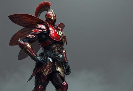 Digital rendering showcases a Gravekeeper's Cannonholder, ready for battle, dressed in an intricately detailed Metal Armored Bug suit, predominantly red and gold with black and silver accents. The helmet features a prominent plume, and the Cannonholder's confident posture, with one hand on the hip and the other on the thigh, exudes a sense of readiness. A neutral backdrop of an Aquamirror Contact enhances the vibrant colors of the armor in the 4K image, which boasts exceptional quality, lifelike details, sharp lines, harmonious colors, and a dynamic action pose, all handcrafted with precision and high-quality brush strokes. The image's impeccable composition, captivating lighting, and vivid emotions make it a stunning and beautiful artwork, with detailed eyes and a powerful message, trending on ArtstationHQ.