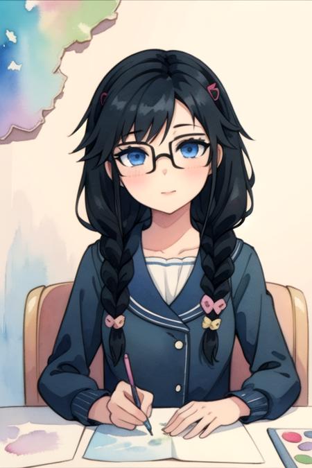 masterpiece, best quality, illustration, 1girl, solo, looking at viewer, upper body, , (watercolor illustration, soft pastel colors:1.1), , <lora:sumireko_sanshokuin:0.68>, sumireko_sanshokuin, black hair, blue eyes, , hair ornament, glasses, suit, scrunchie, islamic golden age,