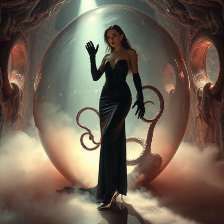 noble norvegian femme fatal lady  standing struggling with with tentacles pulling her inside  hole in giant transparent slime egg,  wearing evening GLOSSY THIN black slime live tentacles gown, GLOVES  and high heels, , surrounded by  weird fog from the floor, captured in light beam from celling,   giant slime covered transparent eggs with encased ladies at background, alien breeding chamber,  liver slime walls, portholes to outer space,  ultrathin waisT, HORROR,  reminiscent of H.R. Giger, Zdzisław Beksinski, and Ash Thorp's dark, sleek styles, with close-up glamour photography, glossy satin and silver heels glistening, fleshy slime dripping, and dark shadows.