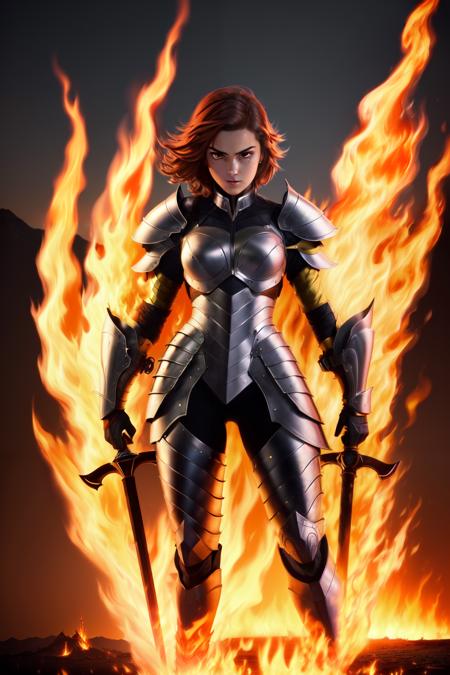 <lora:FireVFX:0.5> Masterpiece, best quality, 1girl, holding a flaming sword with both hands, her eyes glowing with intensity. She wears a suit of armor made of shining metal, with flames licking at the edges. In the background, you can see a towering volcano, spewing molten lava into the sky