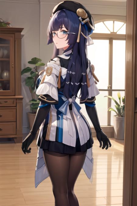 ((masterpiece, best quality)), very detailed,1girl,standing,from behind,indoors,medium breasts,bow breasts, beret, pela, honkai star rail, black_gloves, black_headwear, black_legwear, blue_eyes, dress, glasses, gloves, hat, long_hair, looking_at_viewer, pantyhose, red-framed_eyewear, semi-rimless_eyewear,under-rim_eyewear <lora:pela-15:0.7>